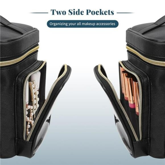 Large Travel Makeup Bag Black Cosmetic Organizer with Brush and Side Pockets - Picture 5 of 7